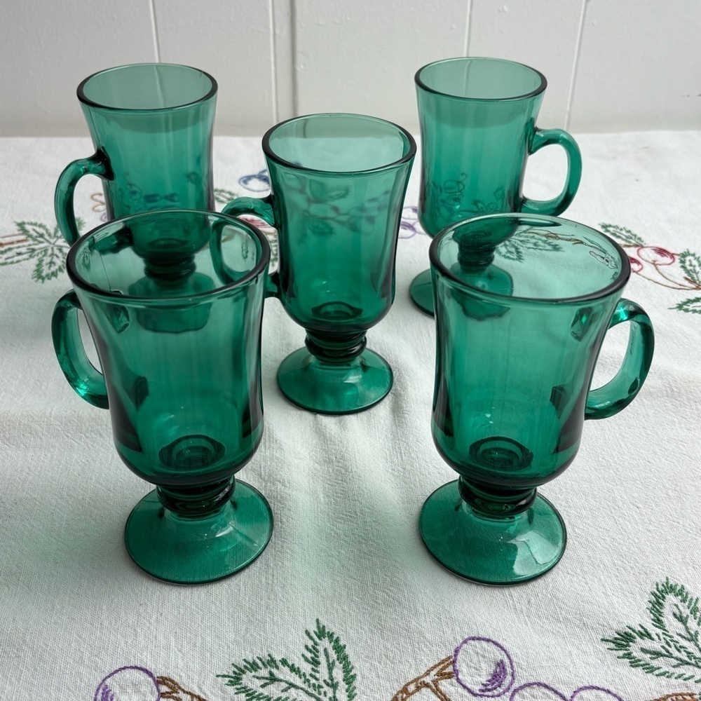 Set of 5 Libbey footed pedestal Juniper green Irish coffee mugs